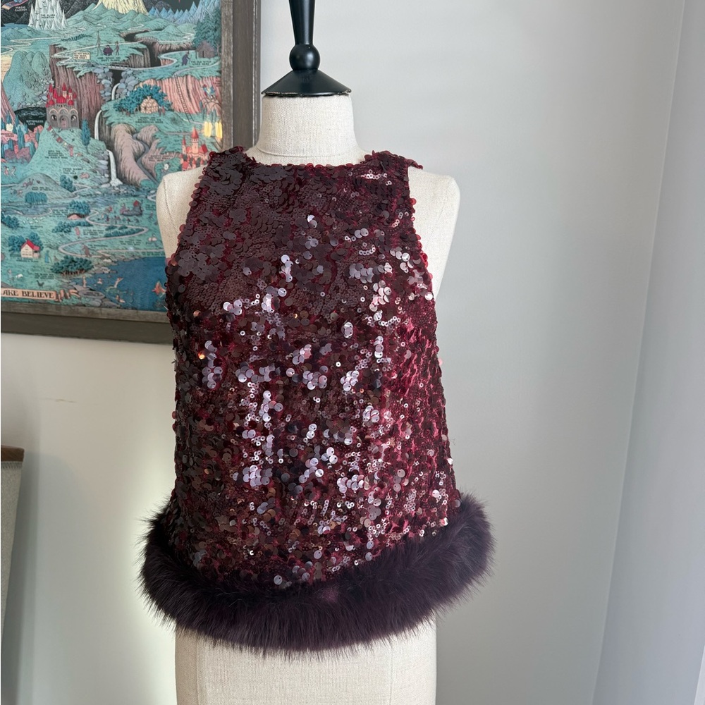 Zara Burgundy Sequin Top with Fur Detail